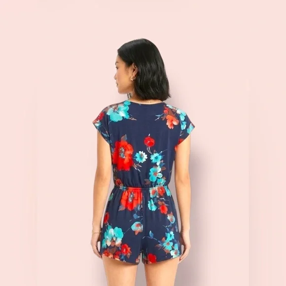 Floral Navy Wrap Romper - Women's Short Jumpsuit - Picture 2 of 6